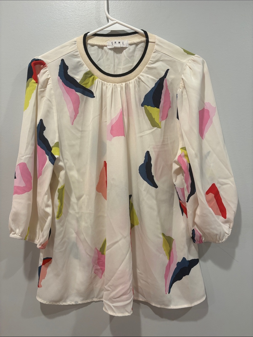 Tibi Cream Abstract-Print Puff Sleeve Tunic with Multicolor ptp 21.5 length 25